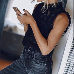 Boho Lace Stand Collar Sleeveless Blouse Black Size Medium